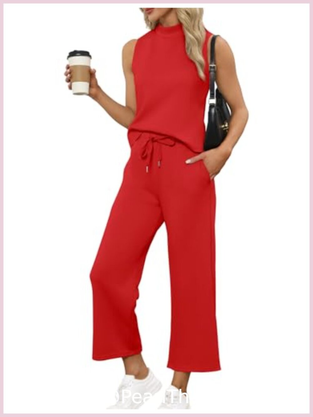 Two Piece Lounge Set Mock Neck Sleeveless Top Wide Leg Crop Pants Vacation